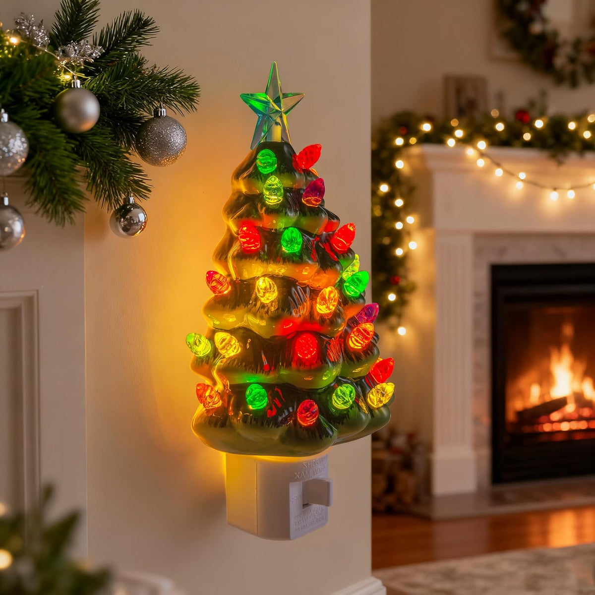 JOYIN 5.5" 2 Pcs Ceramic Xmas Tree Night Lights, Classic Christmas Decor Night Lights with 54 LEDs, Mini Tree Lights Plug in Christmas Decoration, Bedroom Living Room Hallway Holiday Indoor Decor