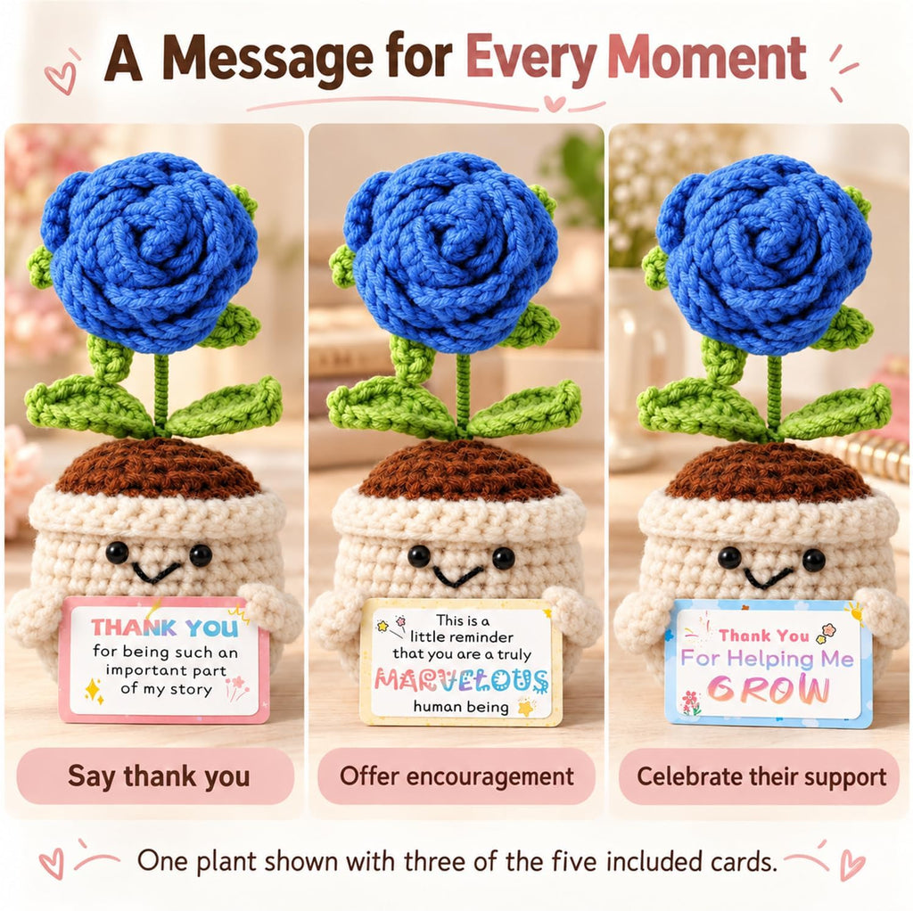 Emotional Support Crochet Positive Rose Flower Inspirational Gifts for Men, Father's Day Birthday Thank You Gifts from Son Daughter Handmade Knitted Plant w/Card for Desk Decor