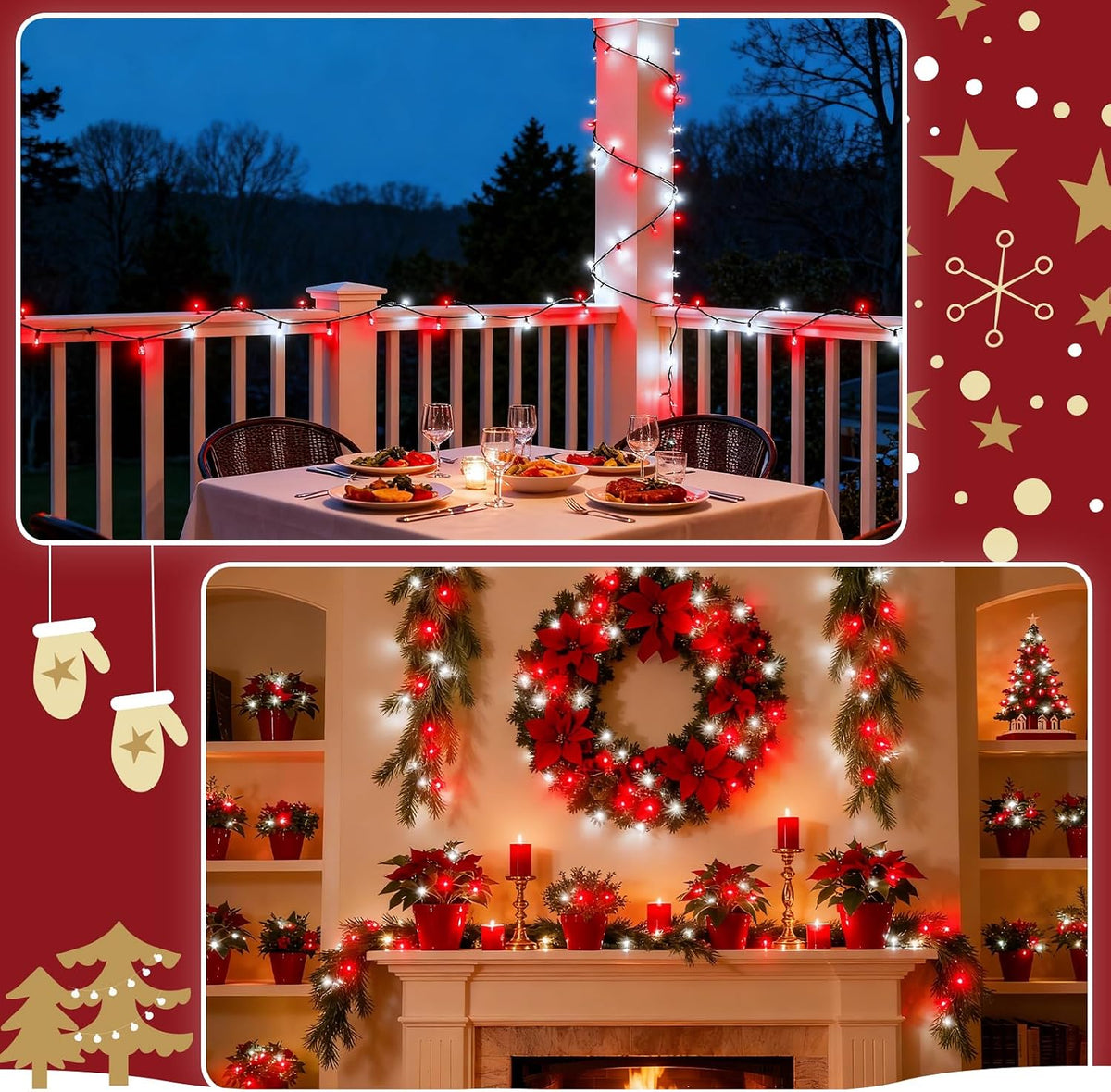 cshare Red and White Christmas Lights Battery Operated Outdoor Waterproof, Christmas String Lights with Timer 16.4ft 50LED Christmas Decorations Garland Party Garden