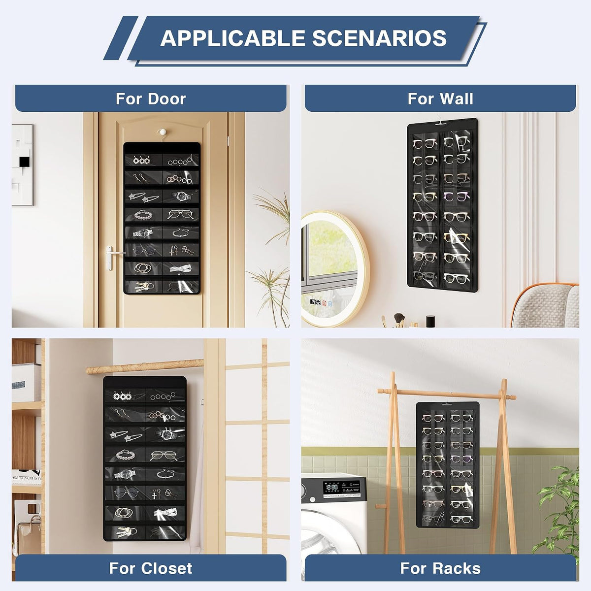 Hanging Sunglasses Organizer and Storage, 32 Slots Jewelry Holder, Black