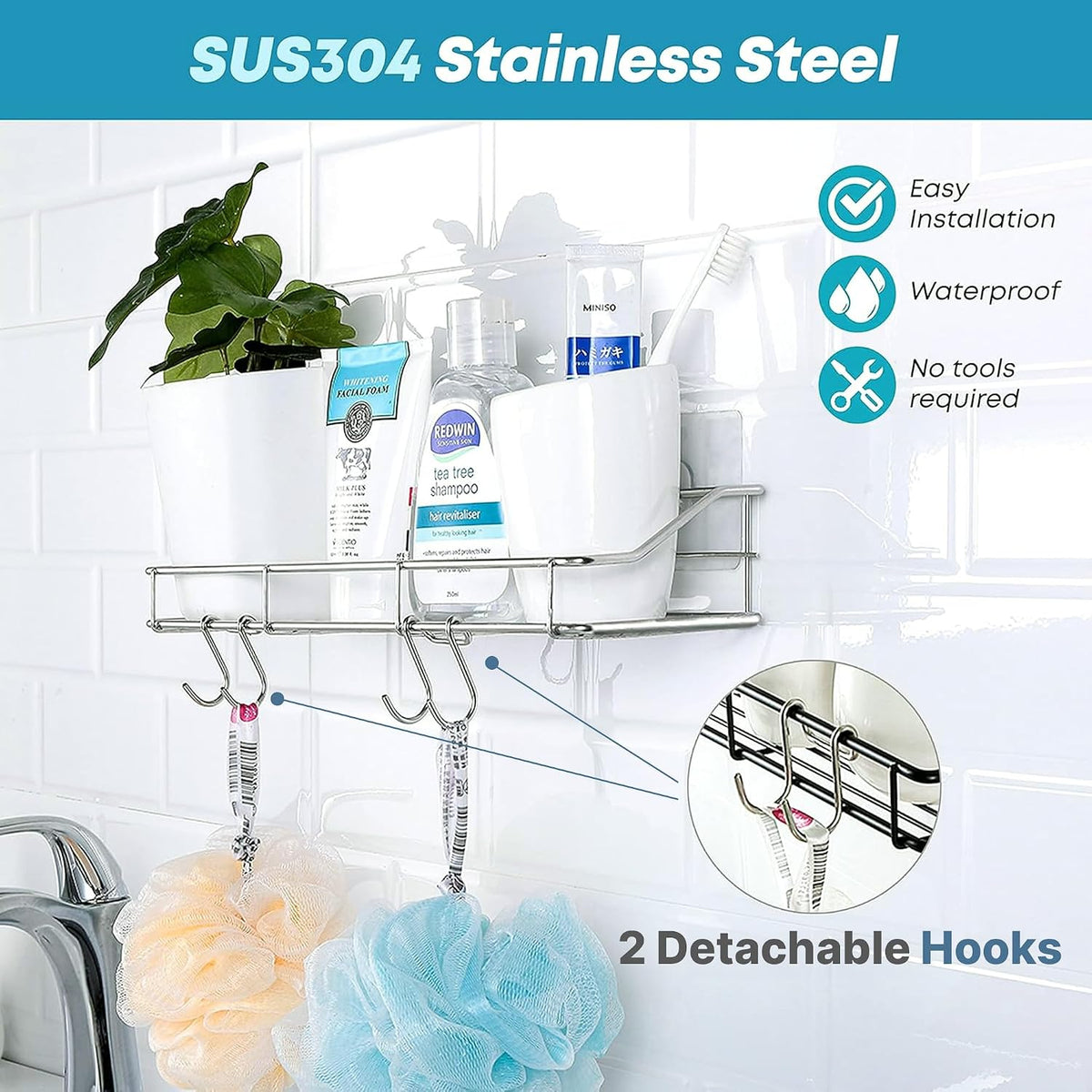 KESOL Adhesive Shower Caddy, Shower Shelf Organizer, SUS304, 2 Pack, Silver