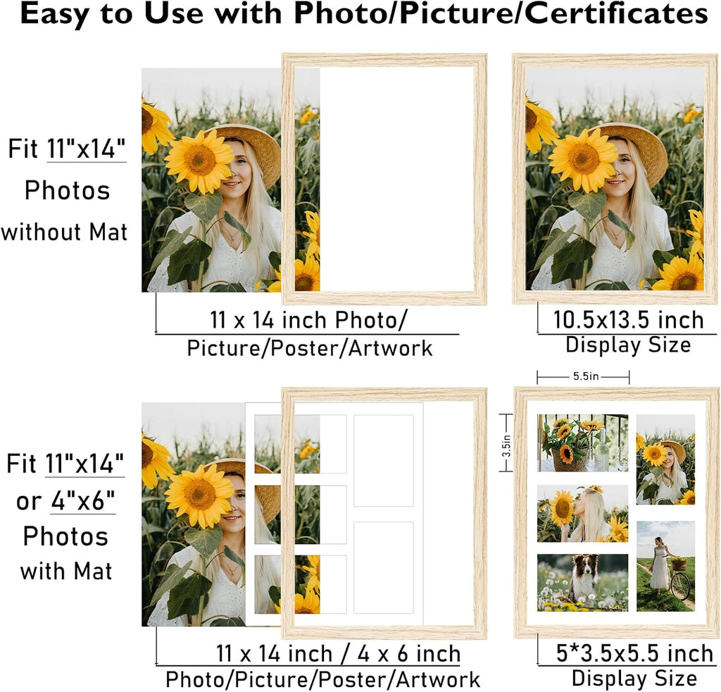 JCJMY 11x14 Picture Frame, 4x6 Collage Picture Frame, Display 5 Pcs 4x6 Photos or 11x14 Picture, Five Opening 4x6 Collage Frame for Wall Hanging, Lightweight 4 x 6 Multi Pictures Frame, Natural
