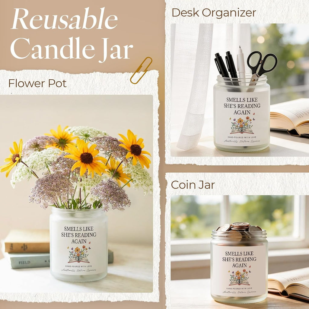 AceThrills Book Lovers Gifts for Book Lovers Women, Bookish Gifts for Readers - Lavender Scented Soy Wax Candle (She's Reading Again)