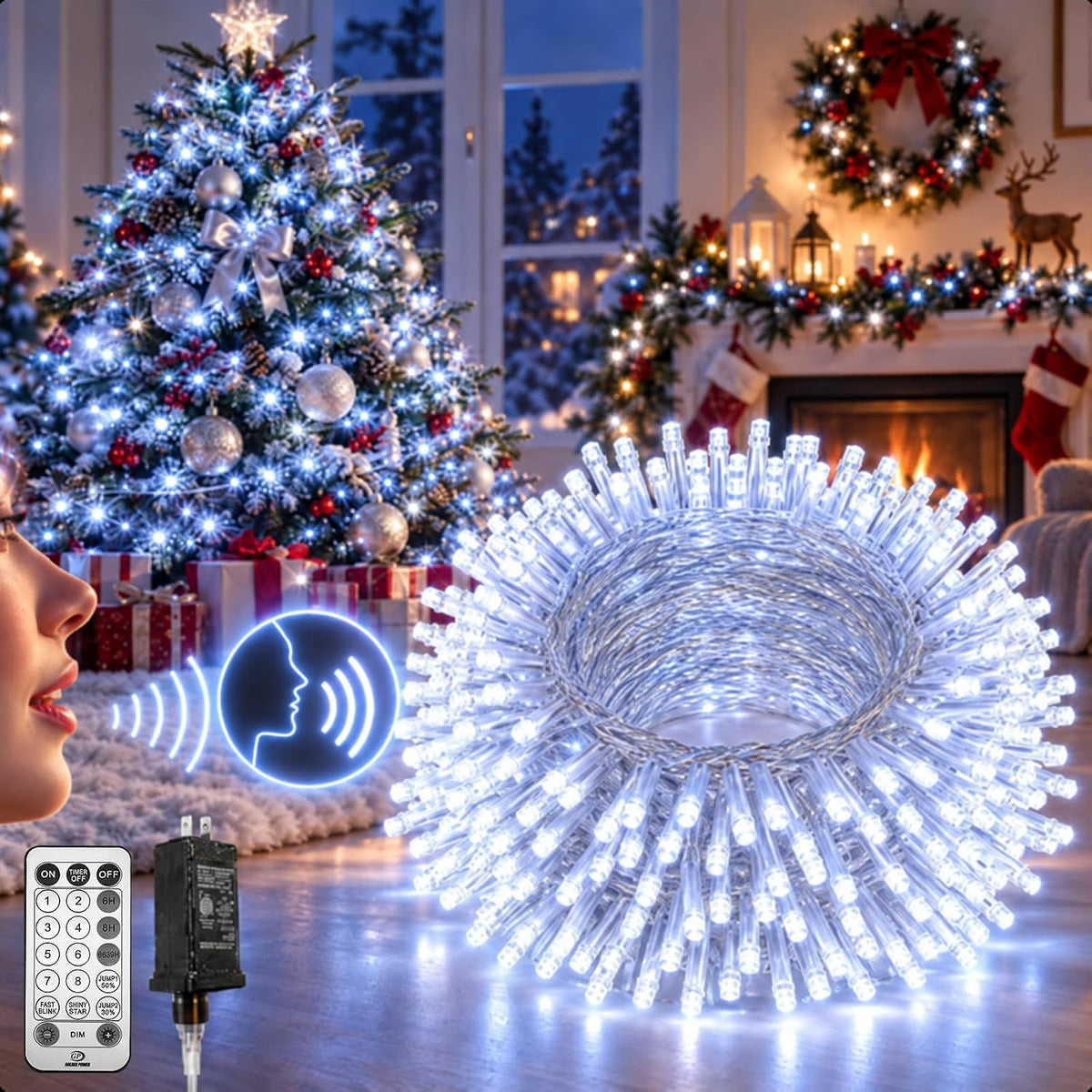 KAQ 240LED 88FT Christmas String Lights Voice Controlled Remote, Cool White