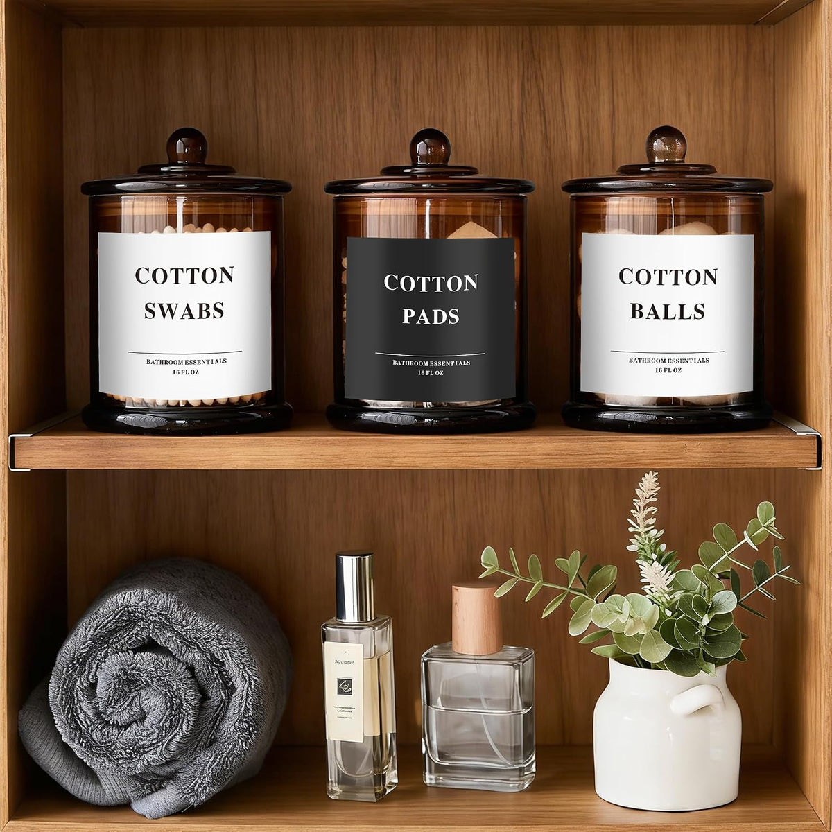 3 Pack Glass Qtip Holder Dispenser with Lids, Airtight Waterproof, 16 Oz Vanity Organizer Bathroom Canisters for Cotton Swabs, Balls, Pads, Floss Picks, Restroom Bedroom Kitchen Storage Jars, Amber
