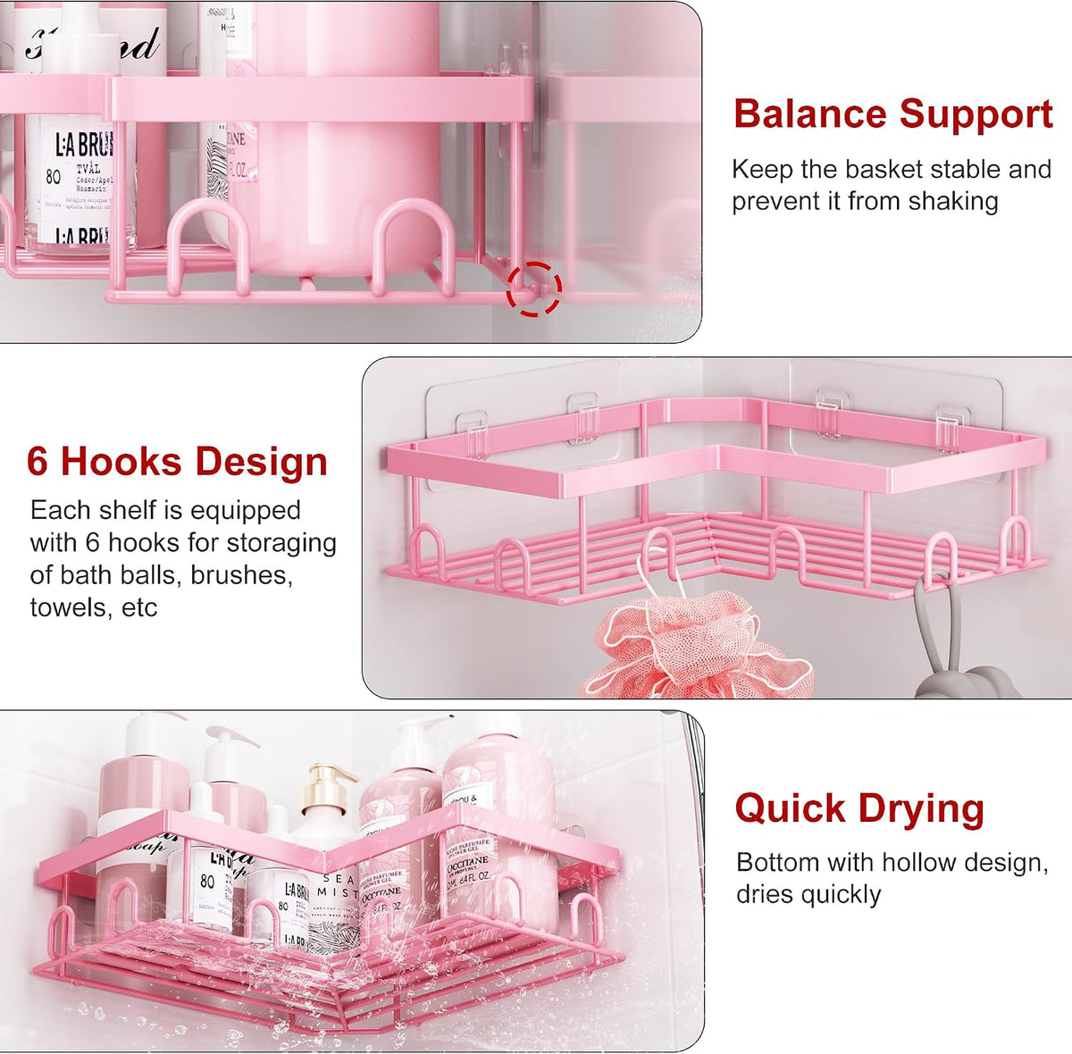 Liuoud Corner Shower Caddy, 5 Pack Adhesive Stainless Steel Organizer, Pink