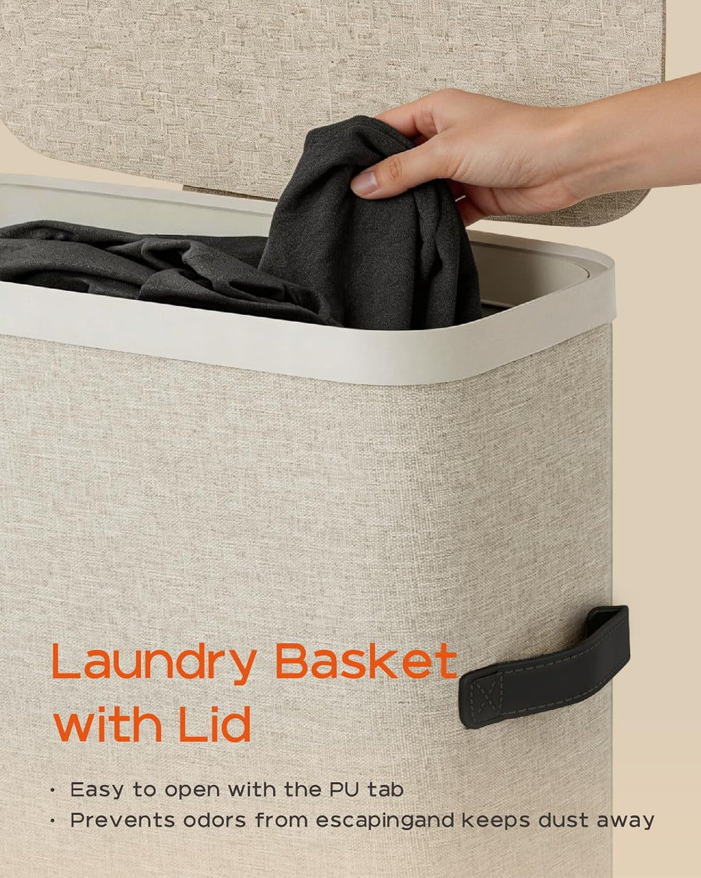 CASAMAYA Laundry Basket with Lid, Laundry Hamper 100L, collapsible Laundry Organizer, Easy Assembly, with Handles and Removable Liners, 16.5 x 12.6 x 29.5 Inches, Beige JSP902M