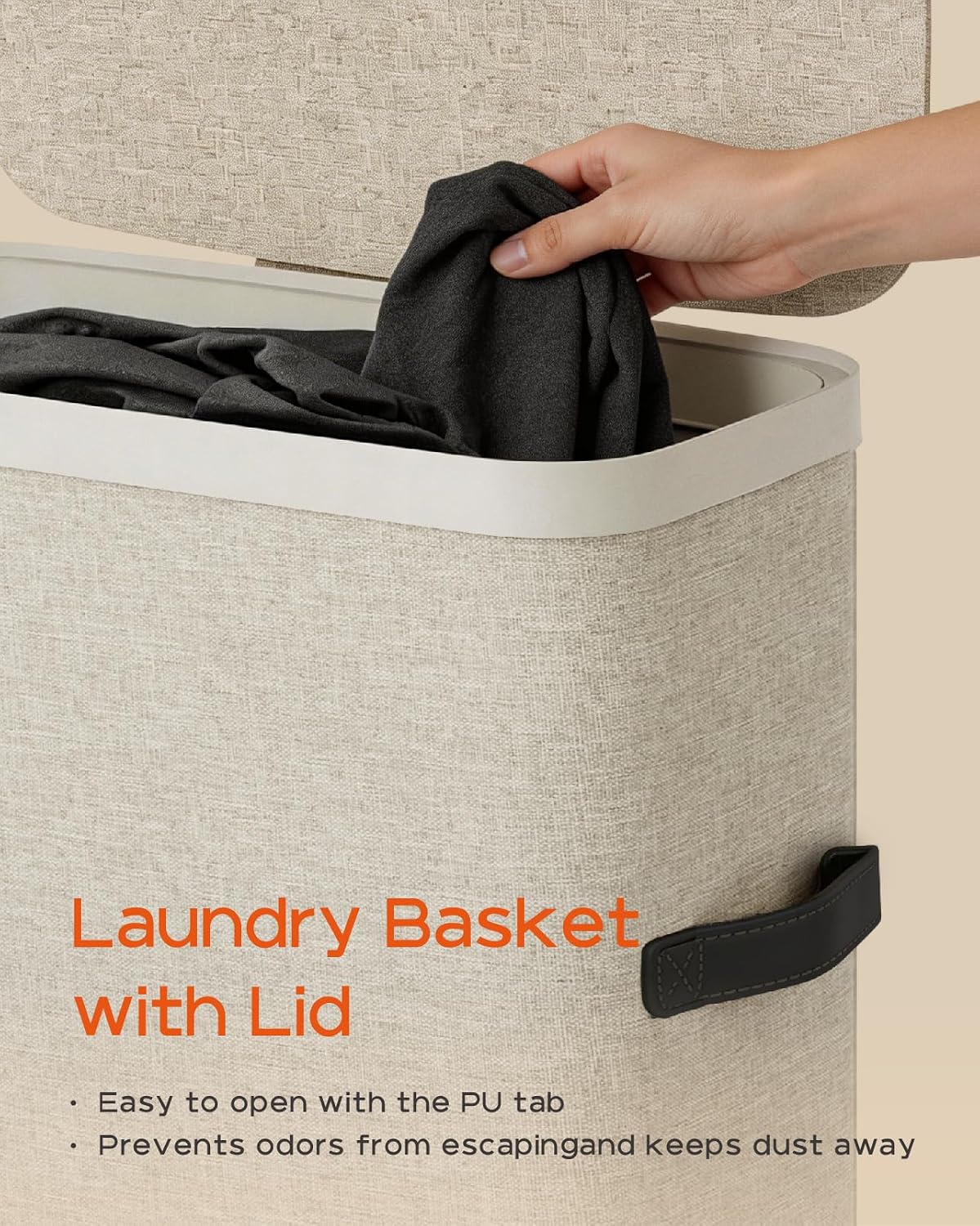 CASAMAYA Laundry Basket with Lid, Laundry Hamper 100L, collapsible Laundry Organizer, Easy Assembly, with Handles and Removable Liners, 16.5 x 12.6 x 29.5 Inches, Beige JSP902M