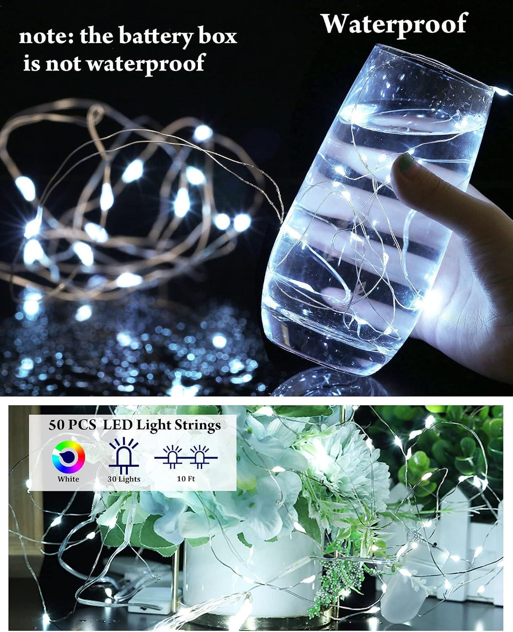 Riakrum 50 Pcs Christmas 10 ft White Battery Operated LED Fairy Light Decor
