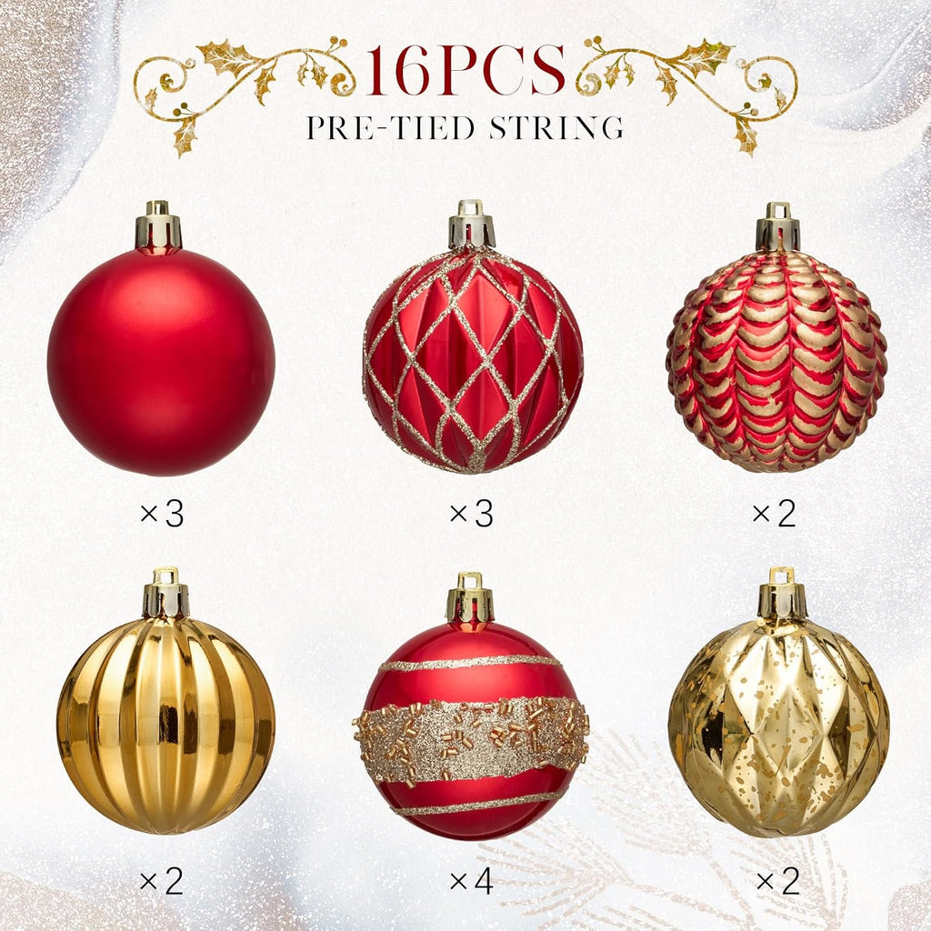 JORNOY 16CT 2.36 Inch Christmas Tree Ornaments, Red & Gold