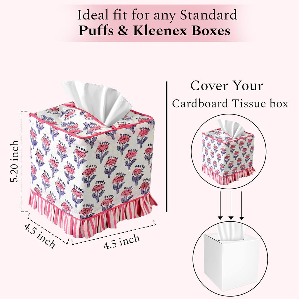 CPC 100% Cotton Ruffle Block Print Tissue Box Cover, Pink Sapphire