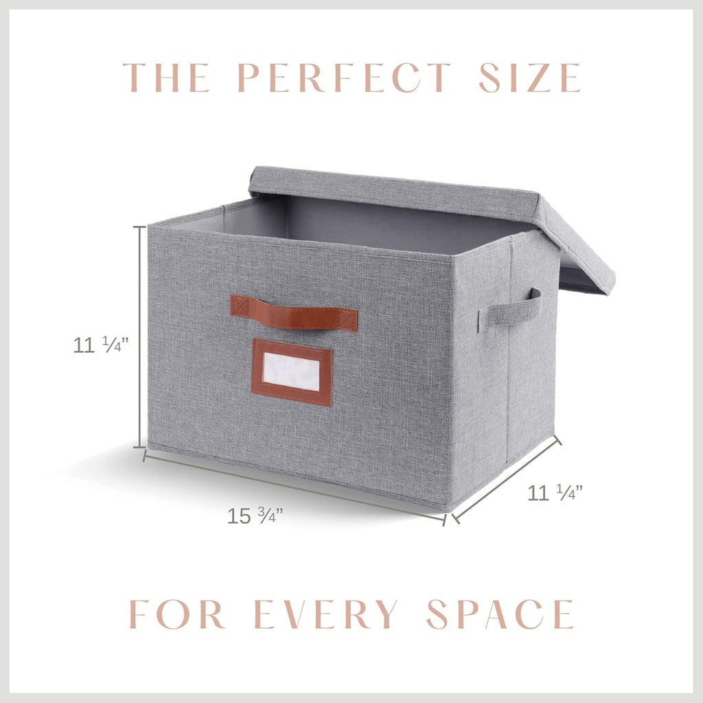 3 Pack Large Fabric Storage Boxes with Lids (15.75" x 11.25" x 11.25") - Decorative Bin with Lid, Label Holder, Faux Leather Handles - Large Storage Boxes for Organizing Clothes, Blankets - Grey