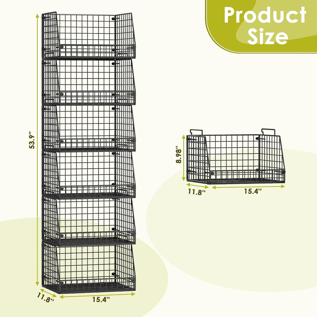 Jakyitvi 6 Pack Stackable Wire Baskets for Pantry,6 Pank Metal Pantry Organizer Storage Bins for Kitchen Snack, Fruit, Potato, Onion & Vegetable Storage, Wire Baskets for Pantry Organization