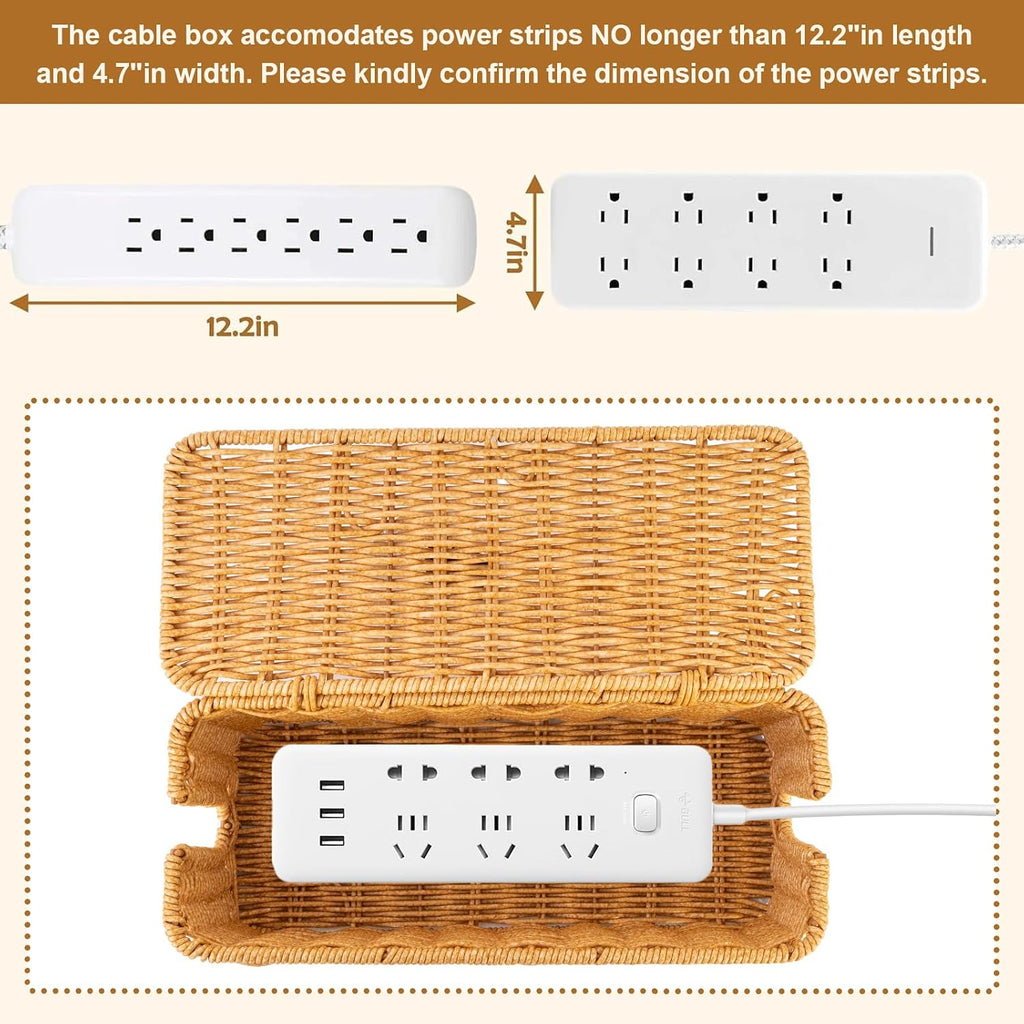 Handmade Rattan Cable Management Box, Cord Hider Box, Electric Cord Hider for Power Outlets, Routers, Chargers, and Daily Storage Items