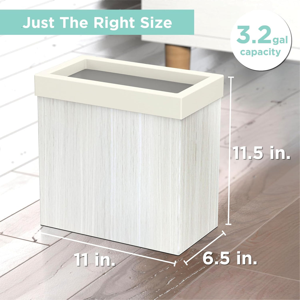Gatco Small Bathroom Trash Can with Lid, Rectangle 3 Gallon Wastebasket, Under Sink, White Oak with Matte White, for Bathroom, Bedroom, Office (1943W)