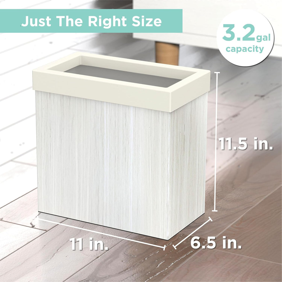 Gatco Small Bathroom Trash Can with Lid, Rectangle 3 Gallon Wastebasket, Under Sink, White Oak with Matte White, for Bathroom, Bedroom, Office (1943W)