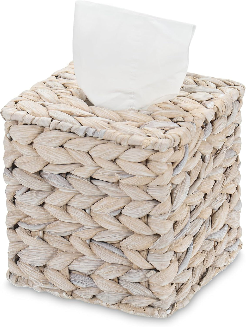 Water Hyacinth Handwoven Tissue Box Cover, Natural Handmade Wicker Napkin Box Holder, Handcrafted Square Facial Tissue, Rustic Decorative on Table and Bathroom, Office, Boho Decorative, Whitewash