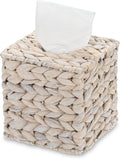Water Hyacinth Handwoven Tissue Box Cover, Natural Handmade Wicker Napkin Box Holder, Handcrafted Square Facial Tissue, Rustic Decorative on Table and Bathroom, Office, Boho Decorative, Whitewash