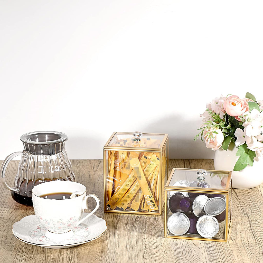 Hipiwe 2 Pack Glass Qtip Holder Dispenser With Lid Gold Bathroom Containers