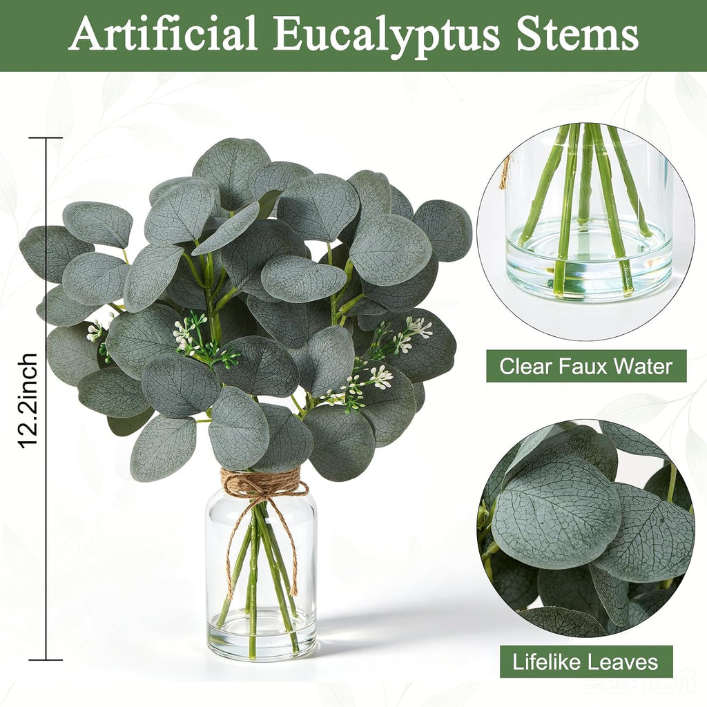 Artificial Eucalyptus Stems In Glass Vase, Fake Plants with Faux Water