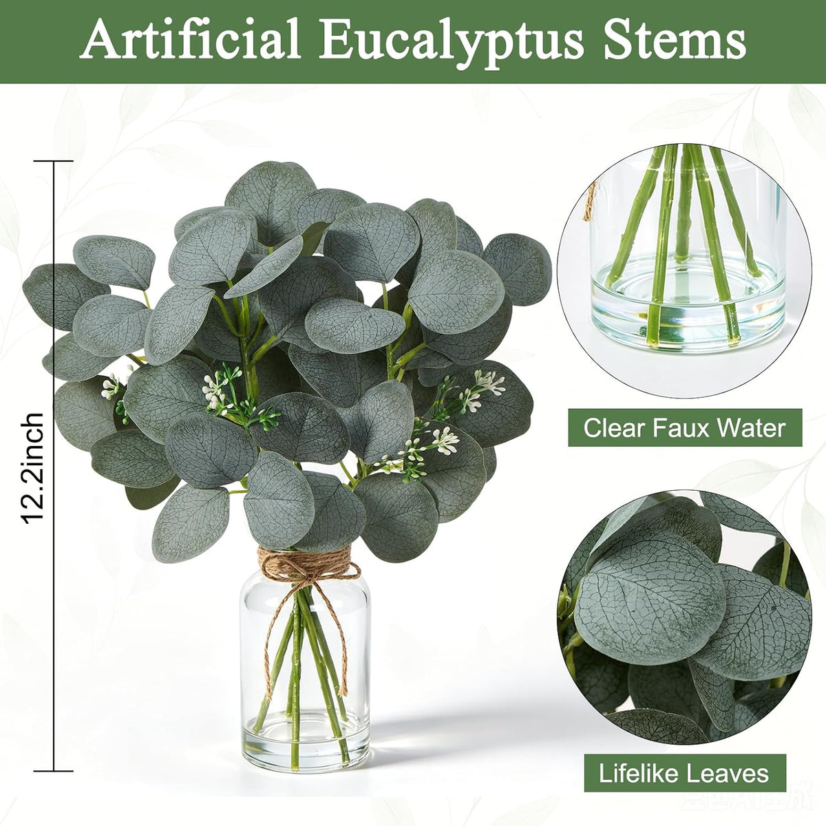 Artificial Eucalyptus Stems In Glass Vase, Fake Plants with Faux Water