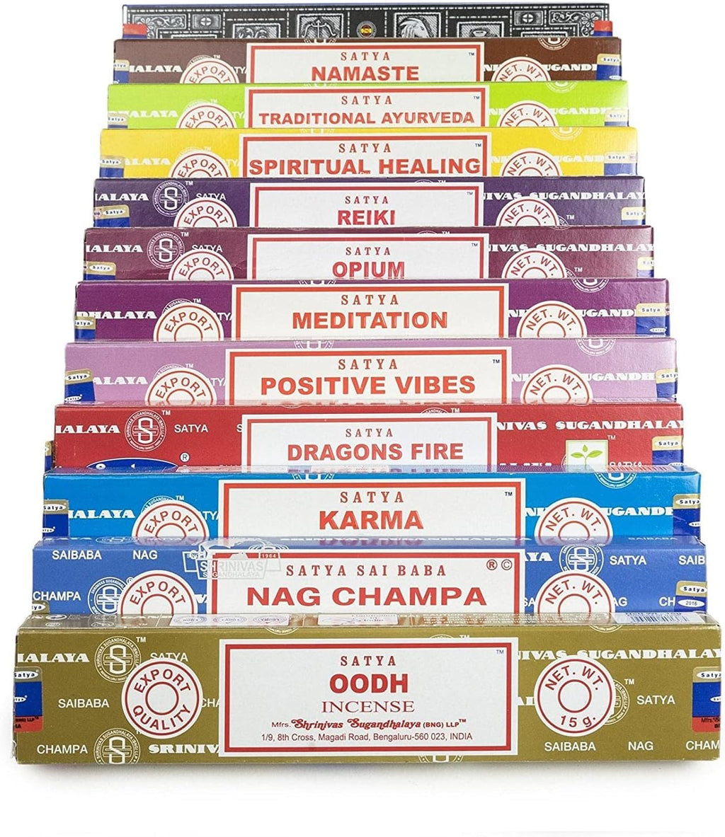 Satya Natural Incense Sticks Assortment – 12 Pack, 15g Each – Hand Rolled in India – Aromatherapy, Meditation, Yoga, Relaxation, Stress Relief, Home Fragrance