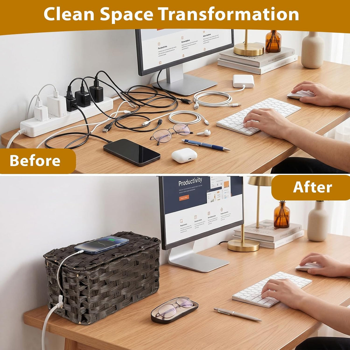 2 Pack Handwoven Cable Management Box with Lid, Decorative Cord Organizer for Power Strips, Chargers, TV Wires, Desk, Home & Office Storage, Plastic Rattan Strap