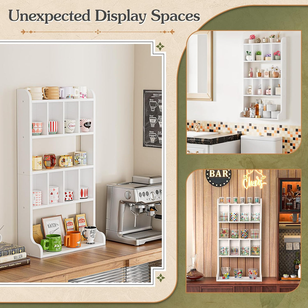Keebofly Perfume Organizer Wall Mount & Large Cologne Display Case - Wooden Multi-Tier Trinket Shelf for Fragrances, Collectibles, Figures, Miniatures, Cosmetics and Shot Glasses, White