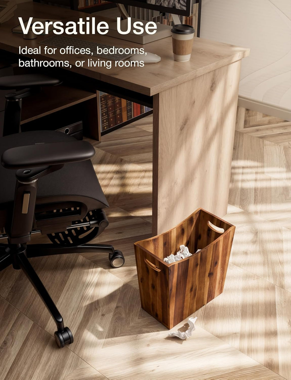 Tidita 3-Gallon Acacia Wood Wastebasket, Small Wood Trash Can with Handles
