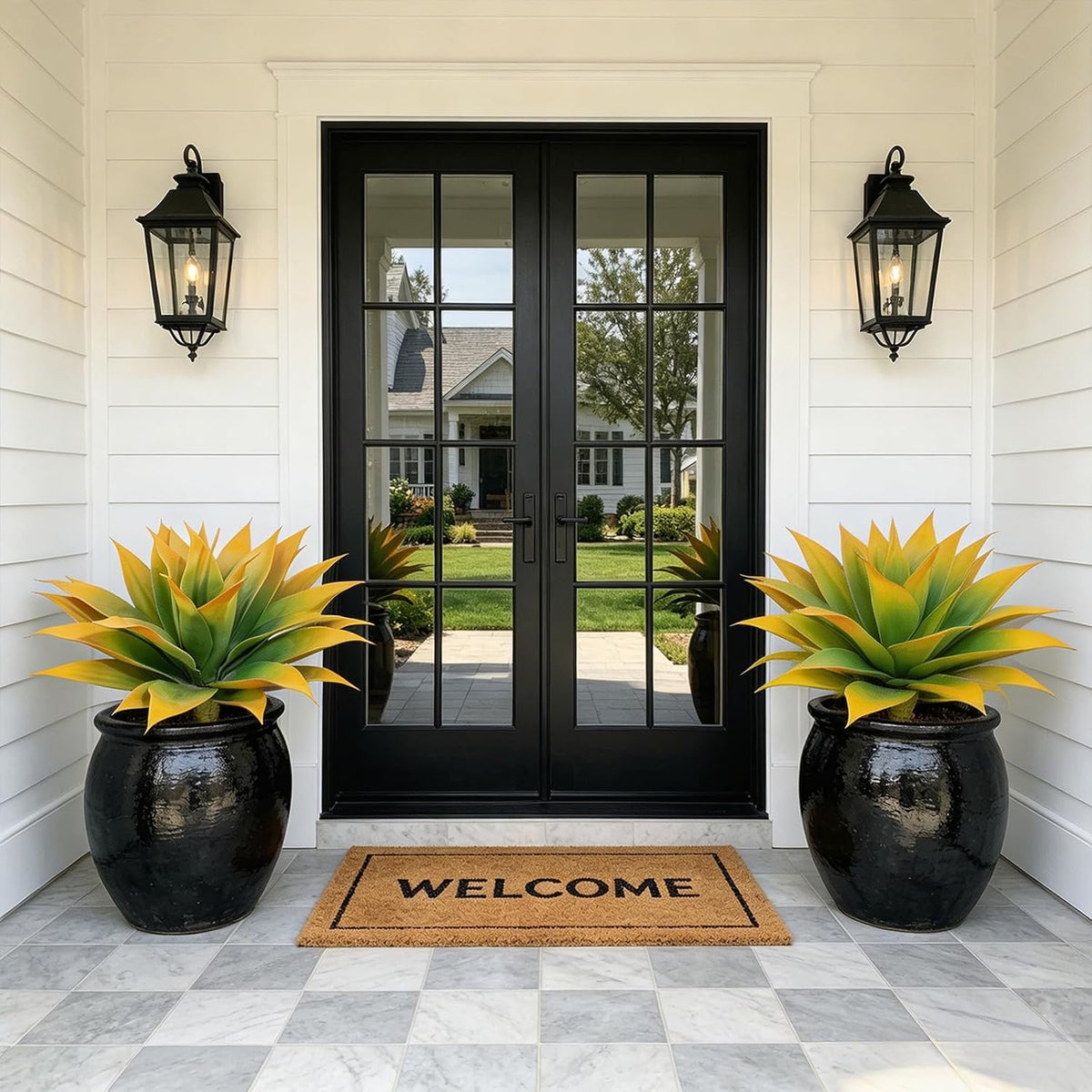 2 Pack Artificial Agave Plants 28 Inch Large Size Fake Succulent Stems Realistic UV Resistant Faux Plants for Outdoor Decorating Tropical Plant Greenery Front Porch Decor - 29 Leaves, Yellow