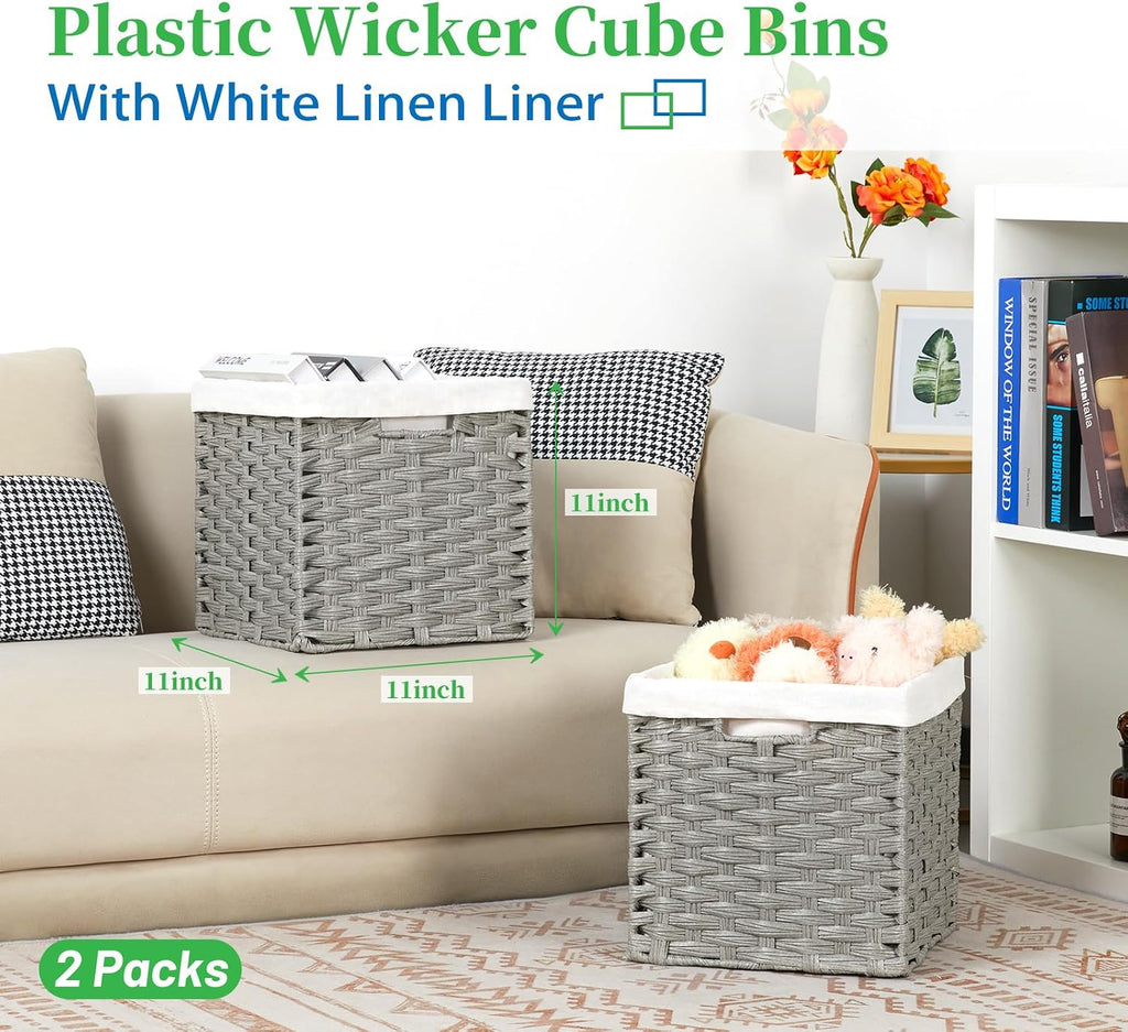 Bidtakay Wicker Cube Baskets with Liners Cube Storage Organizer for Shelves Closet 11 inch 2 Pack Decorative Hand-Woven Imitation Wicker Storage Bins for Organizing Pantry Bedroom Light Grey