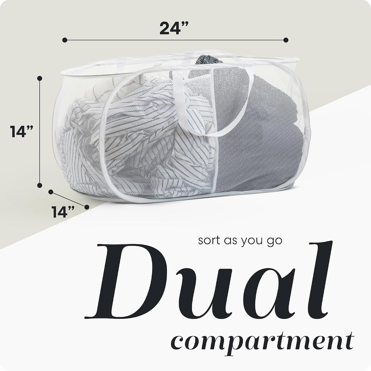 Handy Laundry Collapsible Laundry Basket, 2-Compartment Mesh Hamper – Foldable, Space-Saving, Lightweight & Durable with Handles for Dorm, Travel, Laundry Room, Apartment – White