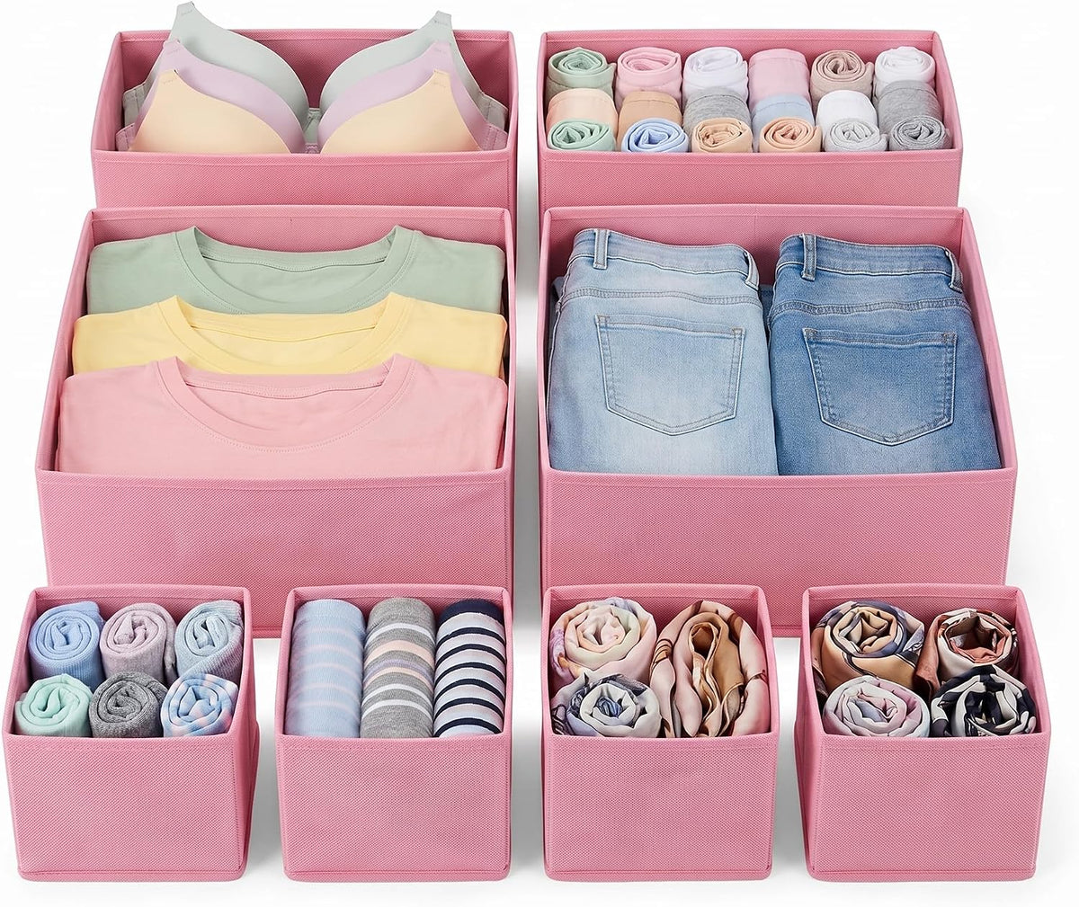 Drawer Organizer for Clothes, 8 Pack Pink Fabric Dresser Organizer Bins