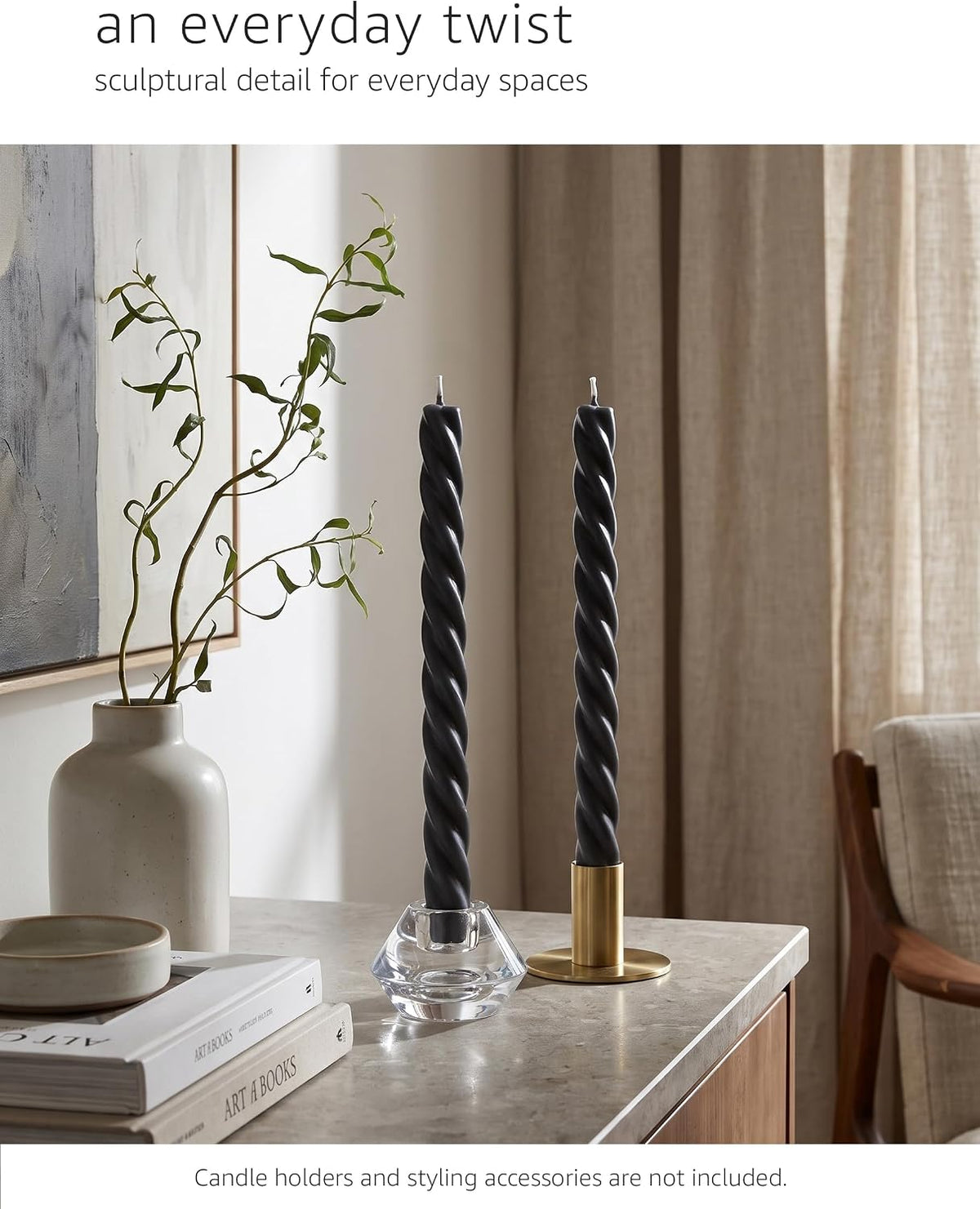 Charcoal Black Twisted Taper Candles, 10“, 4 Pack, Unscented