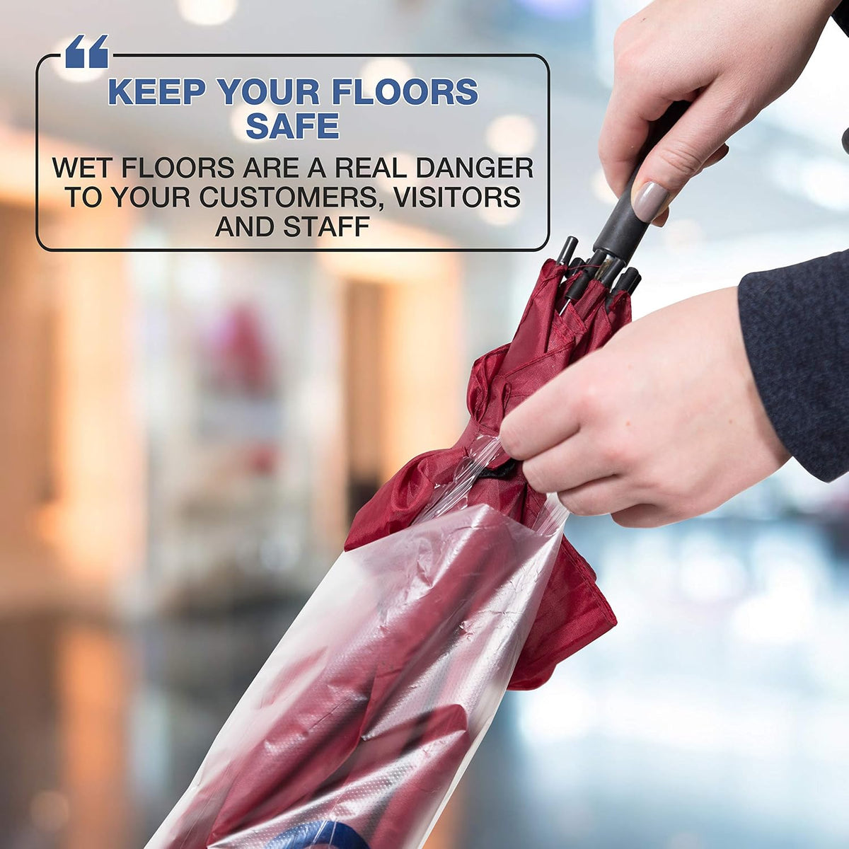 Umbrella Bag Wrapper Station with Sign Frame - Wrap Umbrellas for Rain - Be Safe, Wrap it up! - 200 Long Bags Included