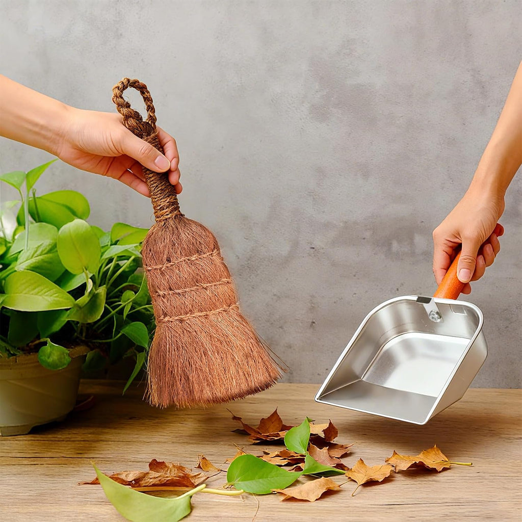 Mini Metal Dustpan and Brush Set, Dustpan and Natural Palm Fiber Hand Broom