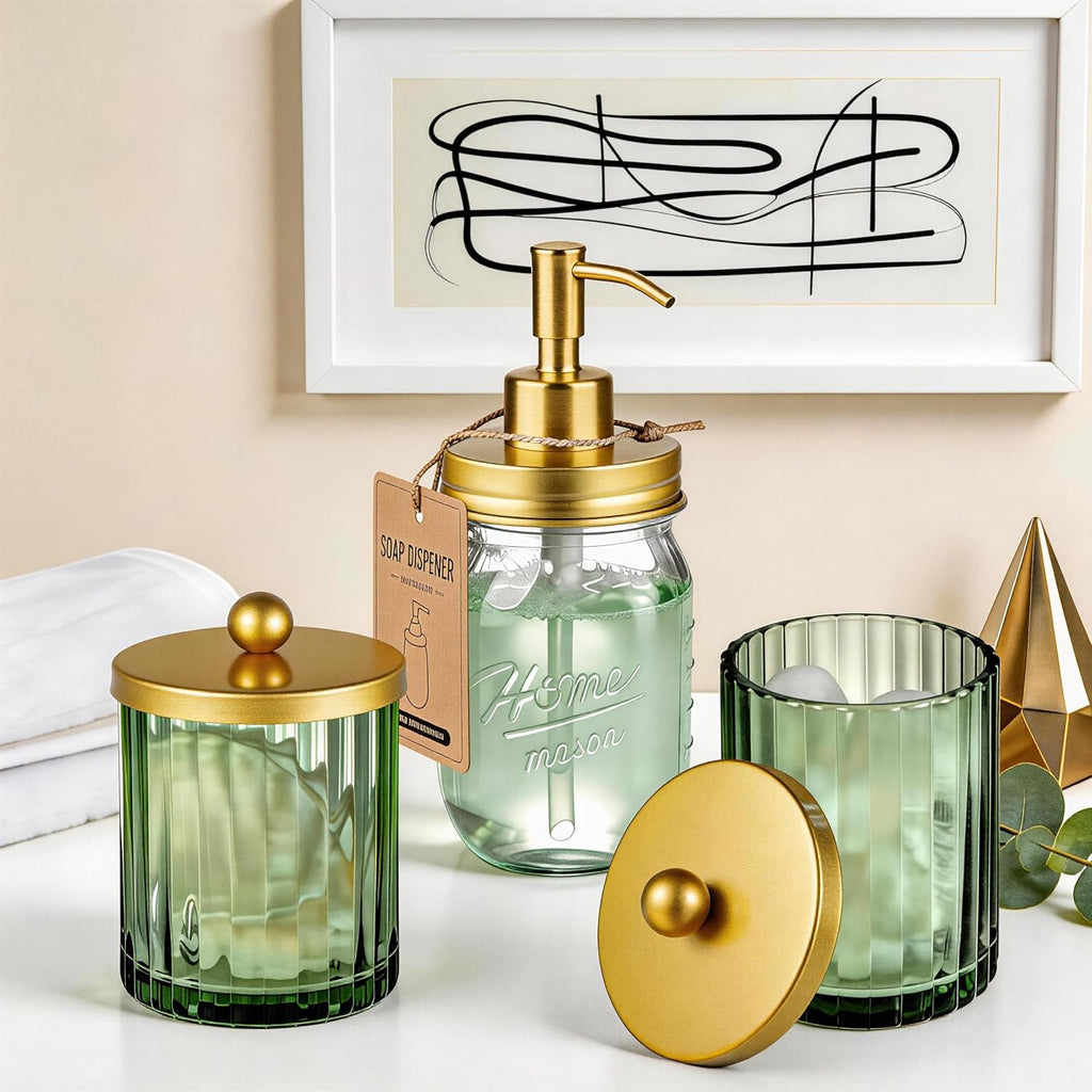 Amolliar Green Glass Qtip Holder Dispenser, Bathroom Canister, Gold 2 Pack