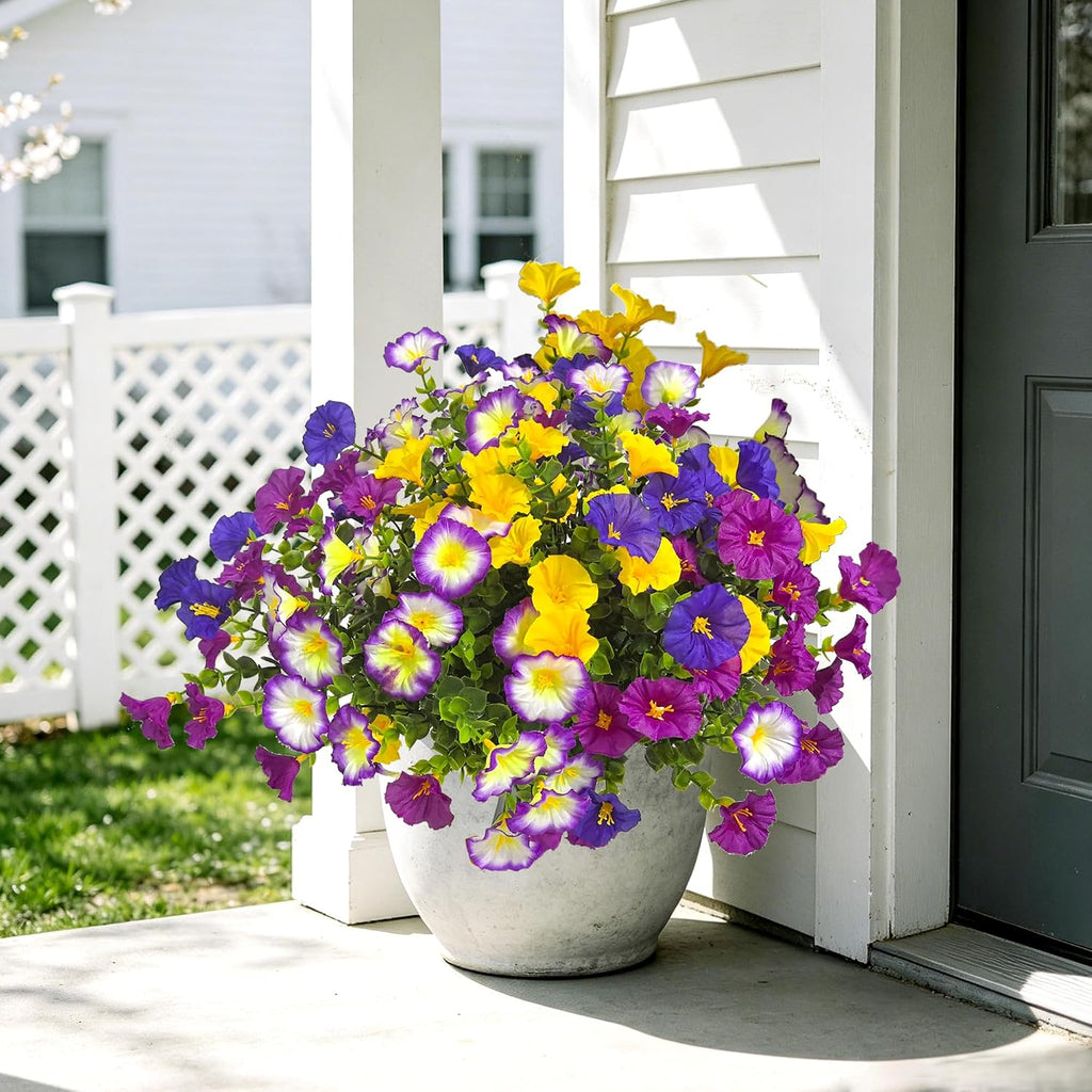 TSTWETO 12 Bundles Artificial Flowers for Outdoors Fake Plants Spring Decor, Realistic Fake Silk Flowers Colorful Morning Glory UV Resistant Faux Flowers for Porch Outside Planter Porch Patio Yard