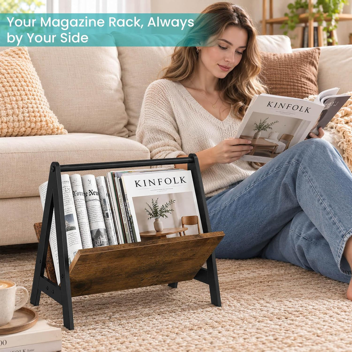 ELITEROO Magazine Holder, Wood Magazine Rack Floor, Newspaper Storage Rack