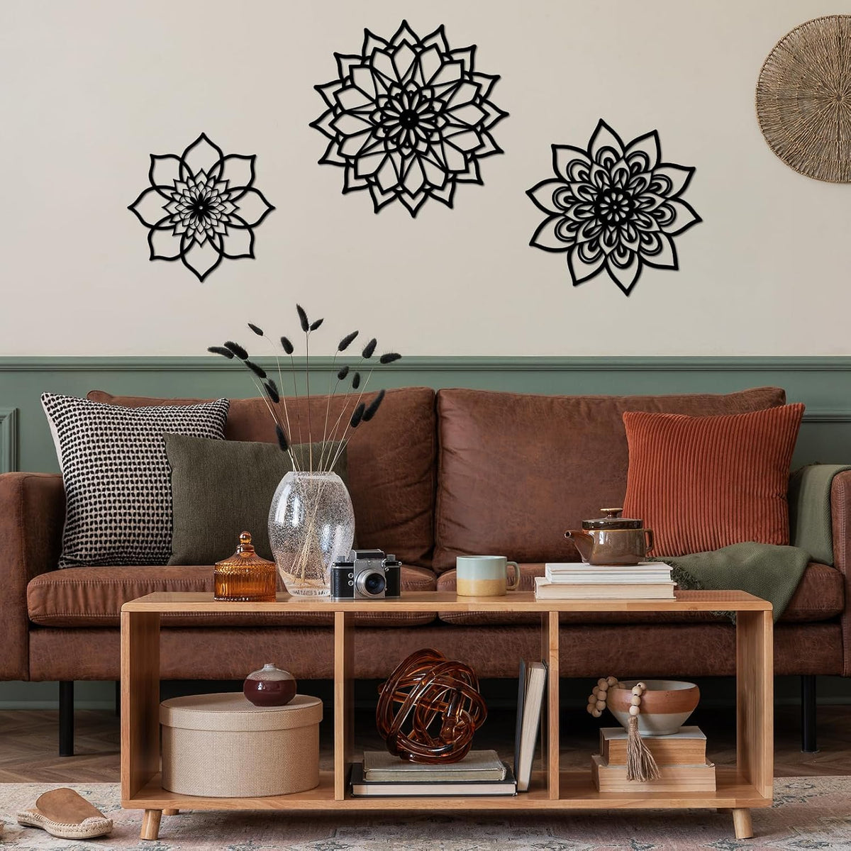 Sanwarm Wall Decor, 3 Pieces, Black Metal, for Home Bohemian Mandala