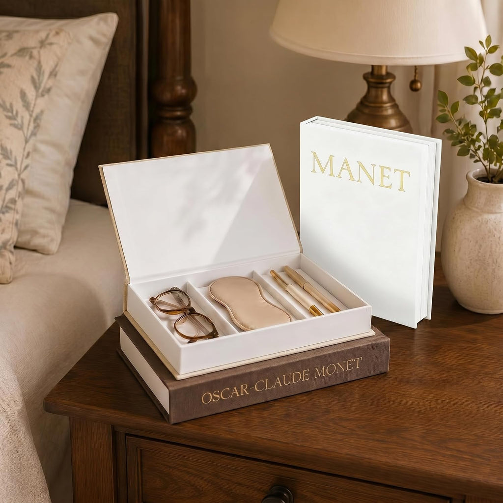 Aesthetic Decorative Books, Set of 3 Linen Faux Book Boxes, Brown