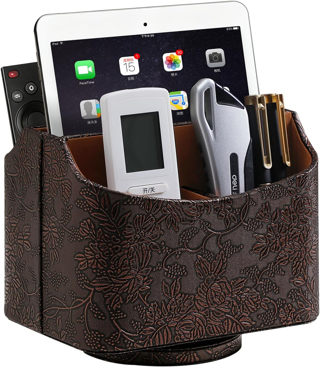 PU Leather Remote Control Holder, 360 Degree Rotating Desk Organizer Luxury Desktop Storage Rack, Rotating Bedside Storage Box for Desktop Office Living Room Bedroom (Brown Grape Pattern)
