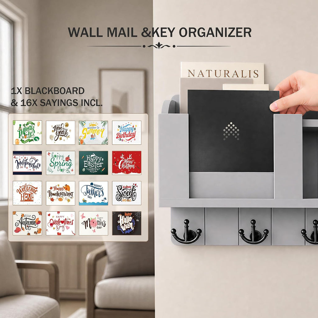 Rebee Vision Key Holder Wall Mount with Mail Organizer for Entryway, Gray
