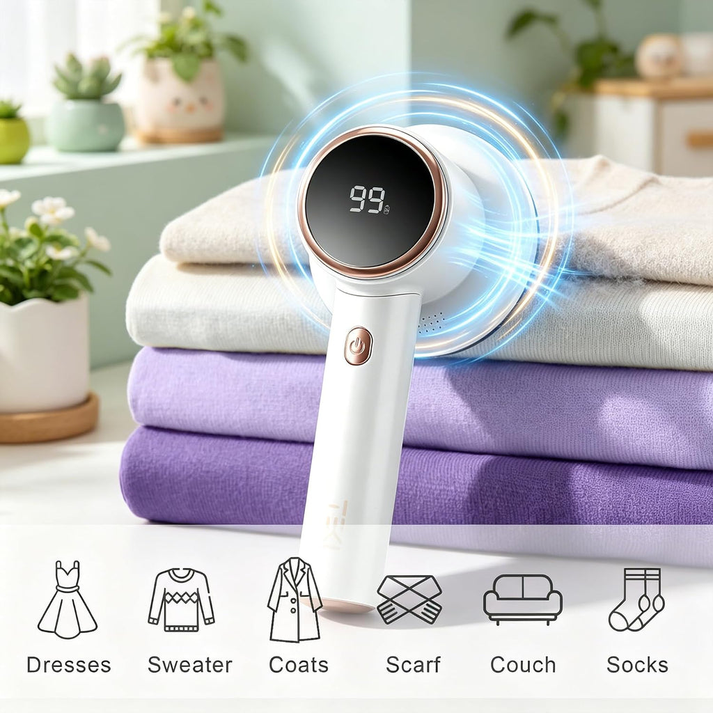 Fabric Shaver, 2-Speed Digital Lint Remover, 6-Blade, Rechargeable, White