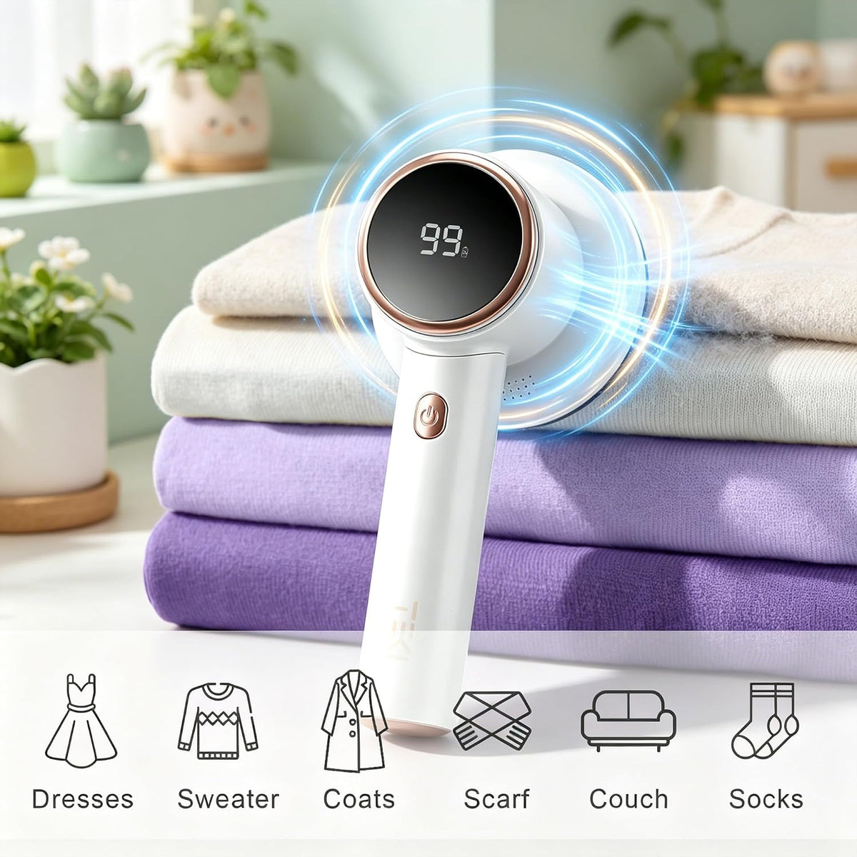 Fabric Shaver, 2-Speed Digital Lint Remover, 6-Blade, Rechargeable, White