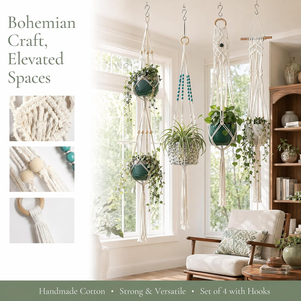 4-Pack Indoor Pot Hanger, Macrame Hanging Planters, Boho Decor for Room/Ceiling/Garden/Balcony (No Pot and Plant Included)