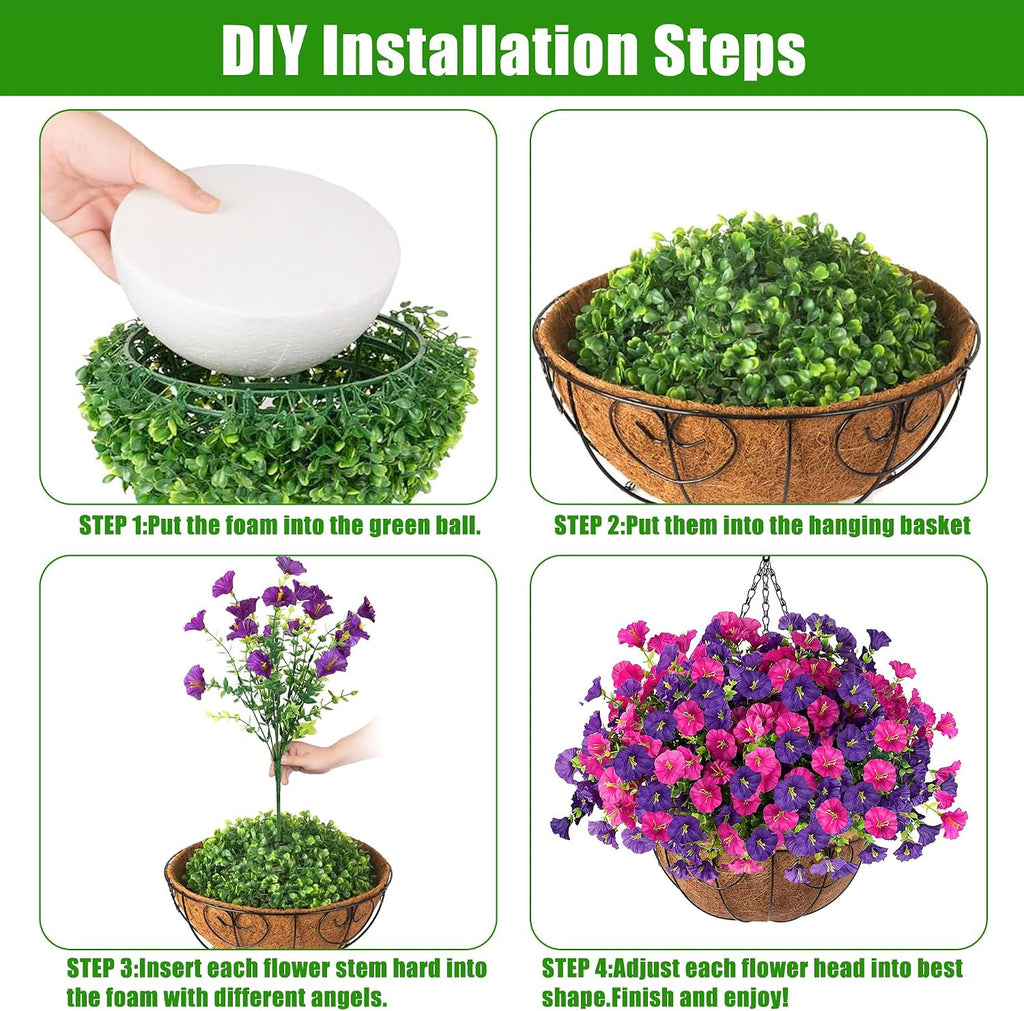 Artificial Flowers for Outdoors with Baskets Hanging Plant Faux Flowers UV Resistant Fake Silk Morning Glory with Eucalyptus for Planter Porch Garden Home Spring Summer Decoration(Fuchsia Purple)