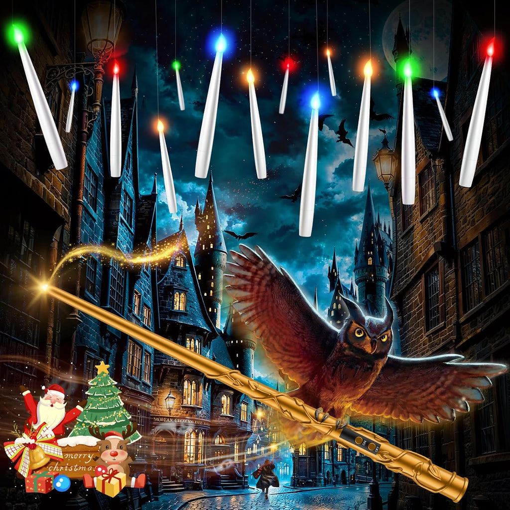 TLPUHU Floating Candles 18 Pcs with Magic Wand Remote, Halloween Decorations Multicolor Hanging Candles with String Battery Operated Flameless Taper Candle for Christmas Party Home Room Decor