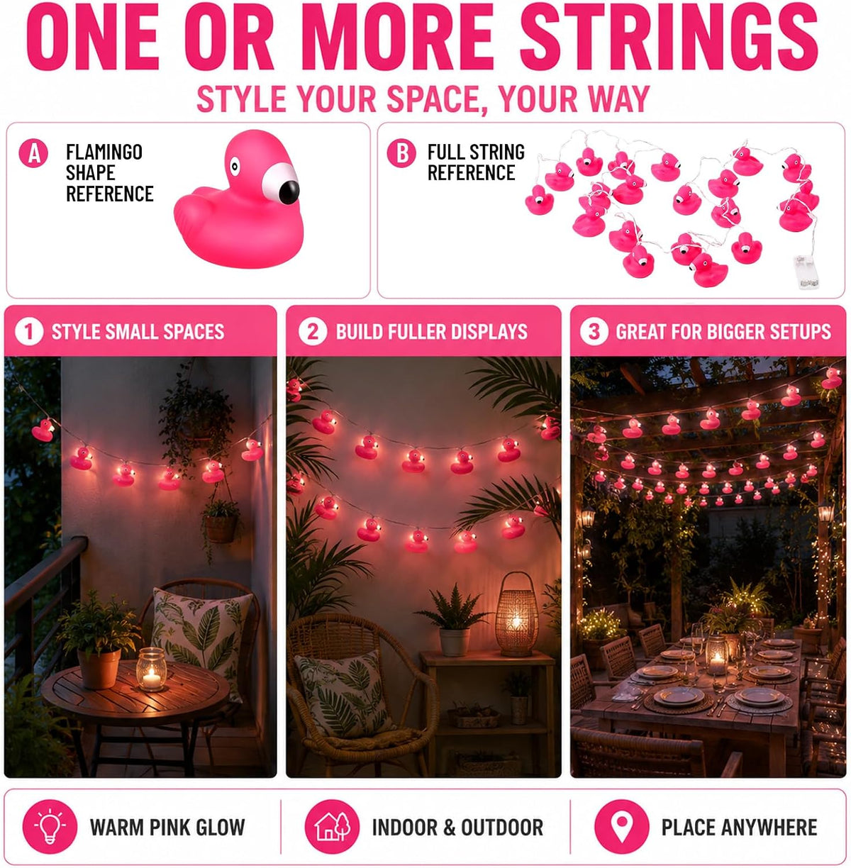 Deekin 3 Pcs Pink Flamingo String Lights Battery Operated Tropical Decor