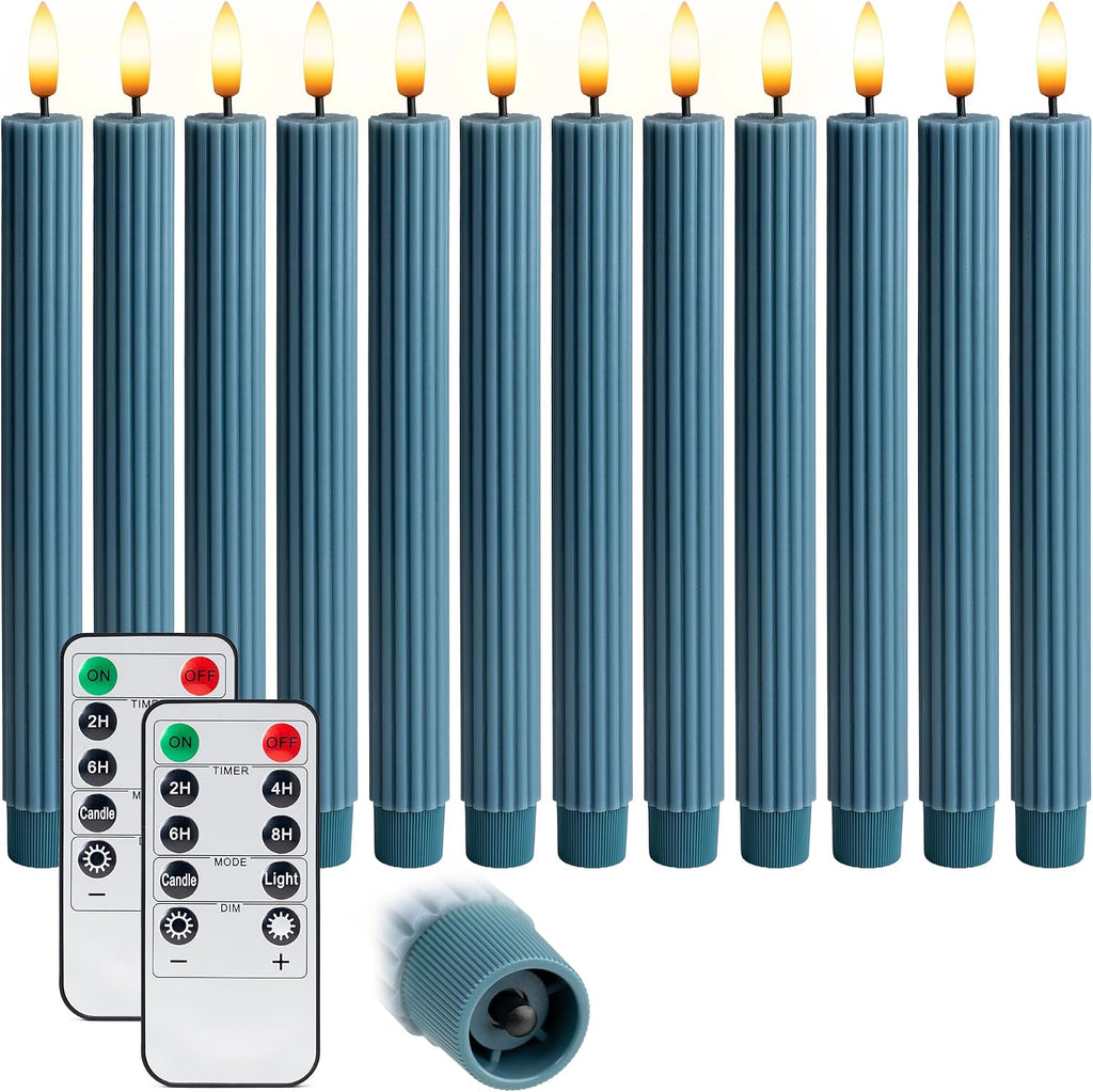 12 Pack, 10" LED Flameless Blue Fluted Ribbed Grooved Taper Candles with 2 Remotes & 24h Timer Memory, On/Off Button, Dimmable, Flicker Mode, Battery Operated, Christmas Menorah Wedding